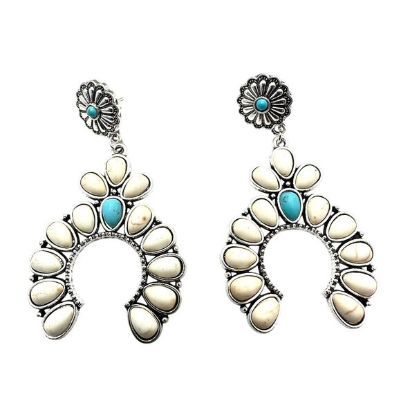 Western Style Silver Tone Naja Faux Turquoise Chandelier Pierced Earrings 2.5" - Picture 2 of 5